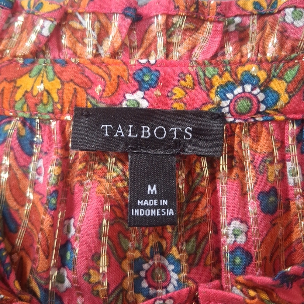 Talbots Floral Lattice Blouse Lightweight Multicolor Metallic Long Sleeve Size M - Picture 3 of 15